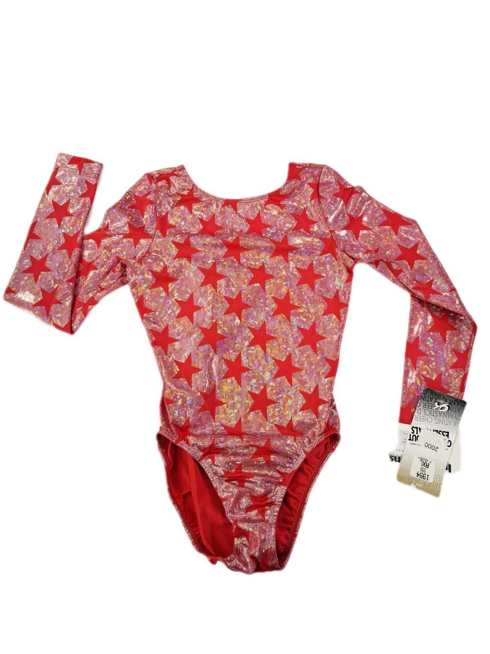 GK Elite VTG Holographic Americana Red Star Shimmering LS Logo Leotard Size AXL - Picture 13 of 16